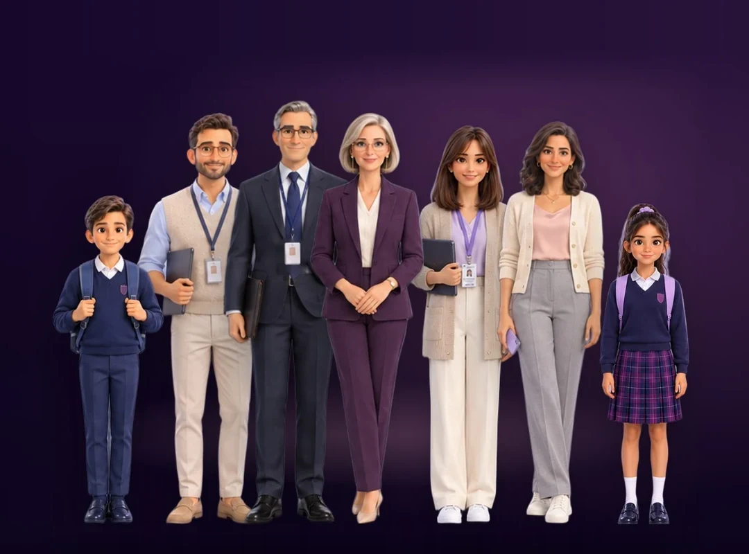 The people in every school: a principal, a head of department, two teachers, a parent and two students.